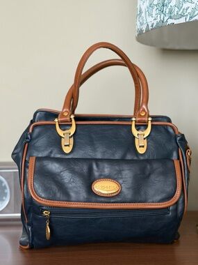 Capezio Navy and Tan Two-Tone Leather Satchel Bag